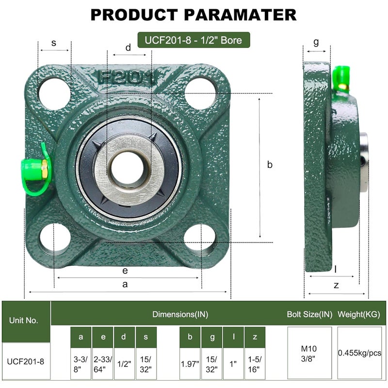 SACKORANGE 2 Pack UCF201-8 Pillow Block Bearing - Square Flange Mounted Pillow Block Bearings - Bearing Steel Bearings with 1/2" Bore - Self Alignment, Solid Cast Iron Base - Image 2